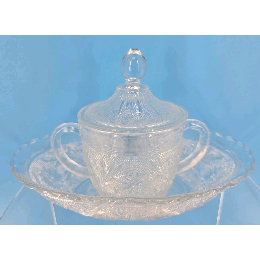 Vtg Depression Glass Anchor Hocking Oval Serving Dish + Sugar Bowl Floral - VG